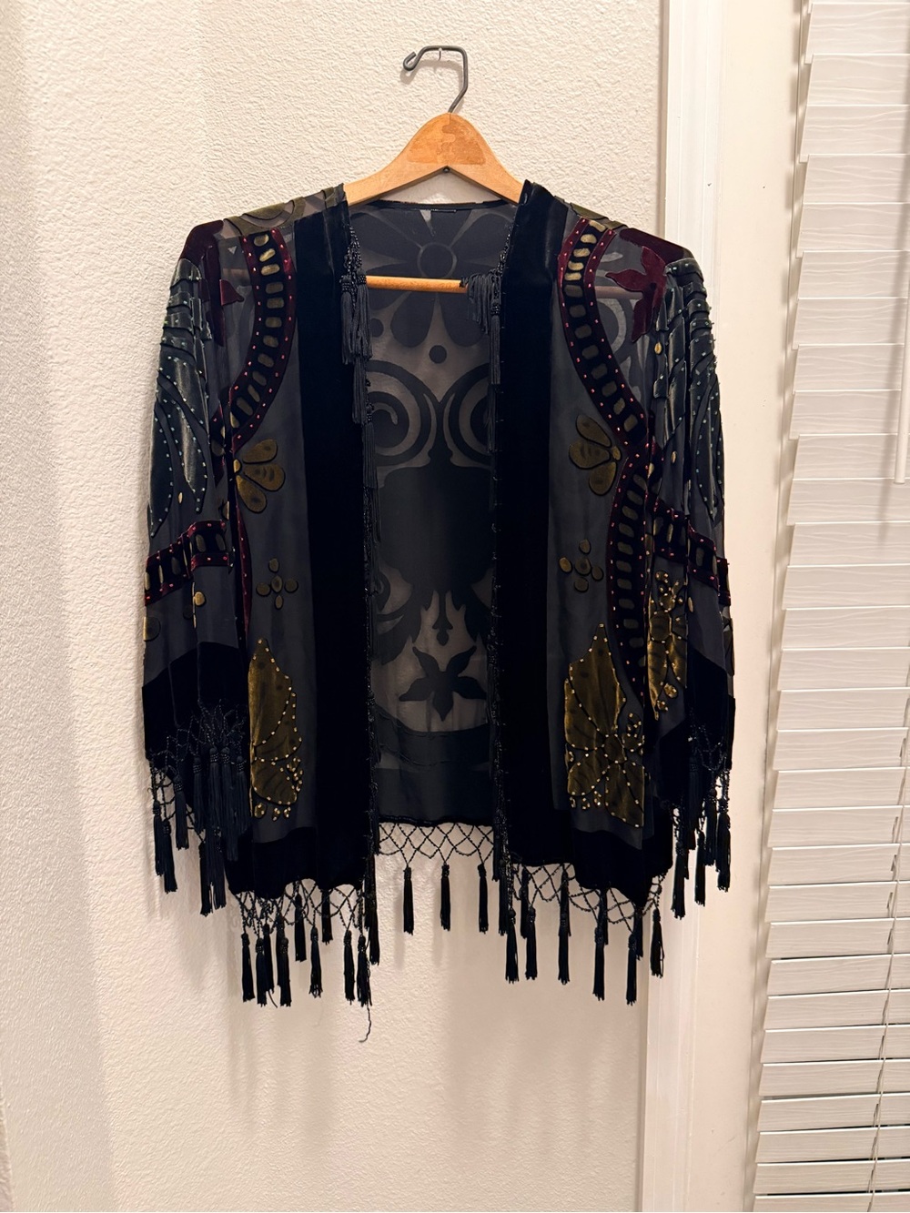 Boho Velvet Fringe Open-Front Jacket Cape in Black